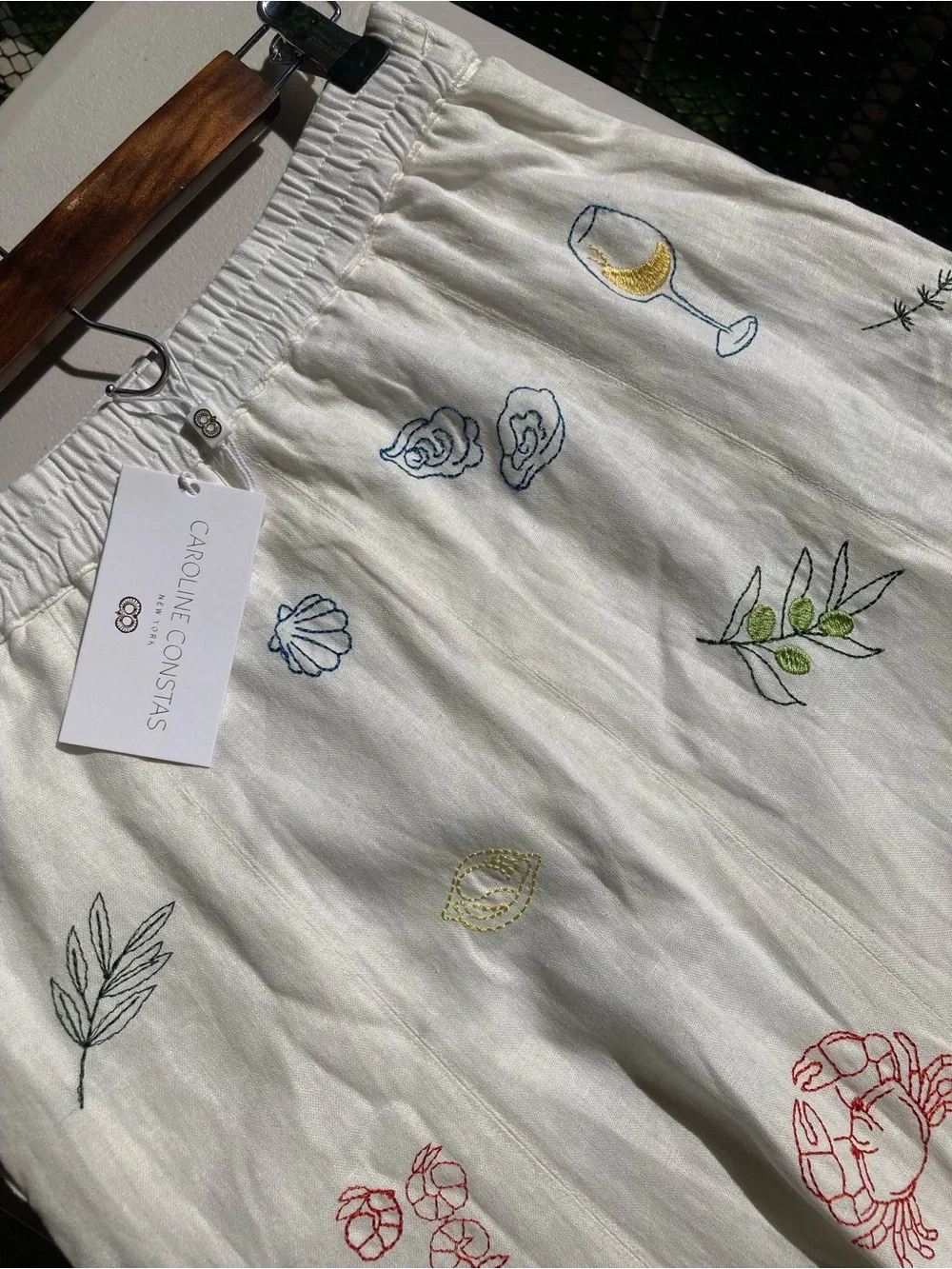 Caroline Constas Seafood Olives Fish Wine Embroidered White Linen Blend Skirt - Picture 9 of 17
